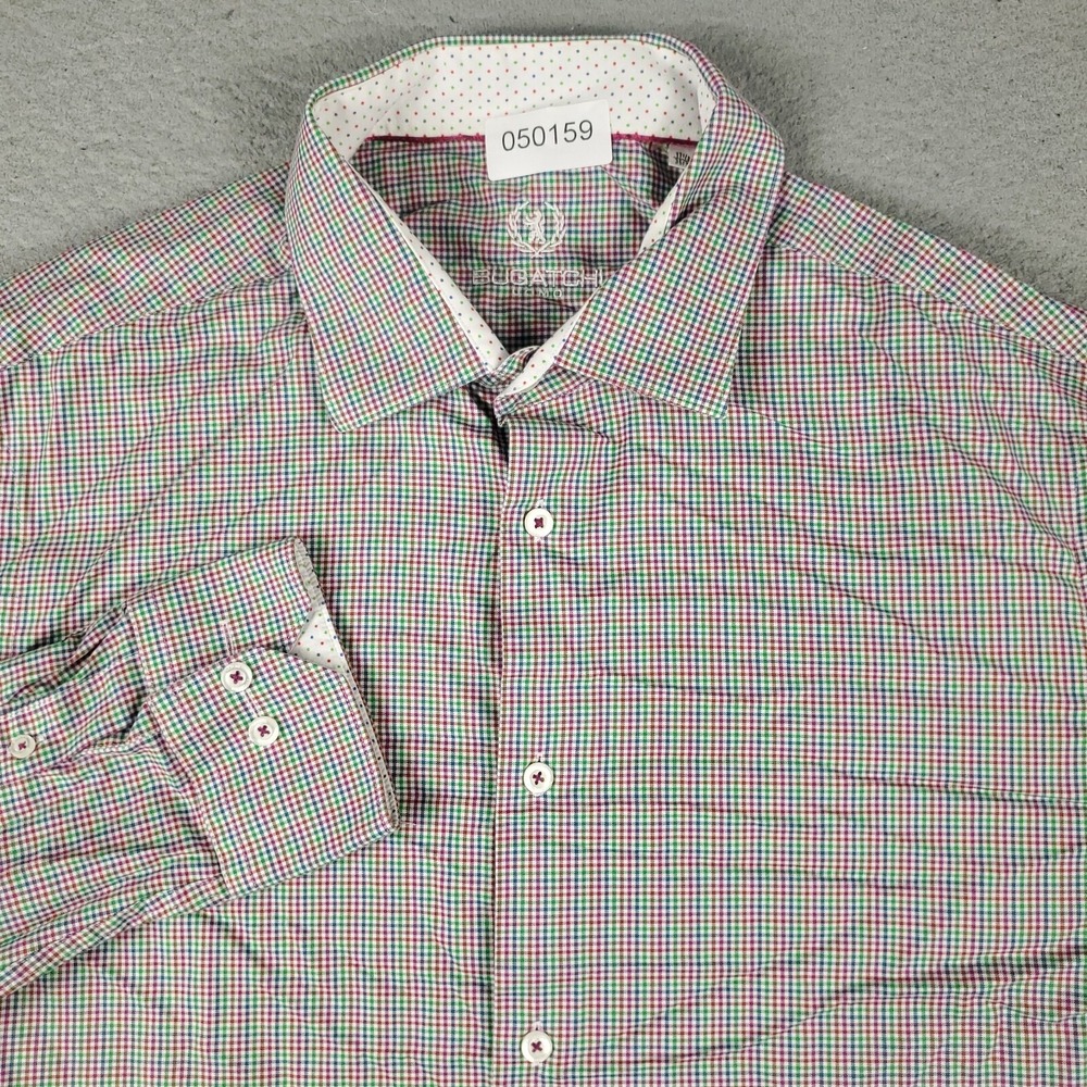 Bugatchi Uomo  Shirt Mens 17.5 Red Green Blue Check Dress Button Up Long Sleeve